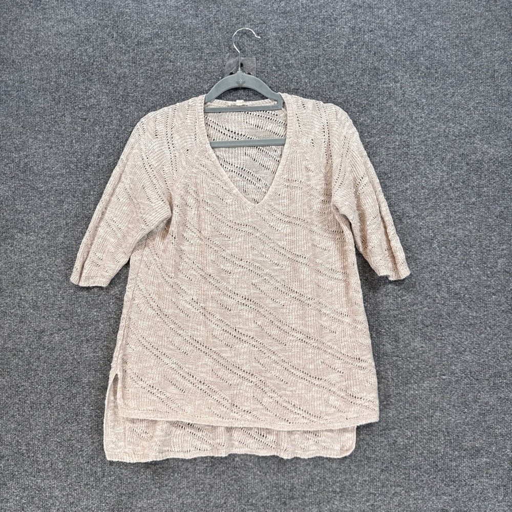 Eileen Fisher Sweater Womens Medium Beige Linen Blend Pointelle Vneck Tunic